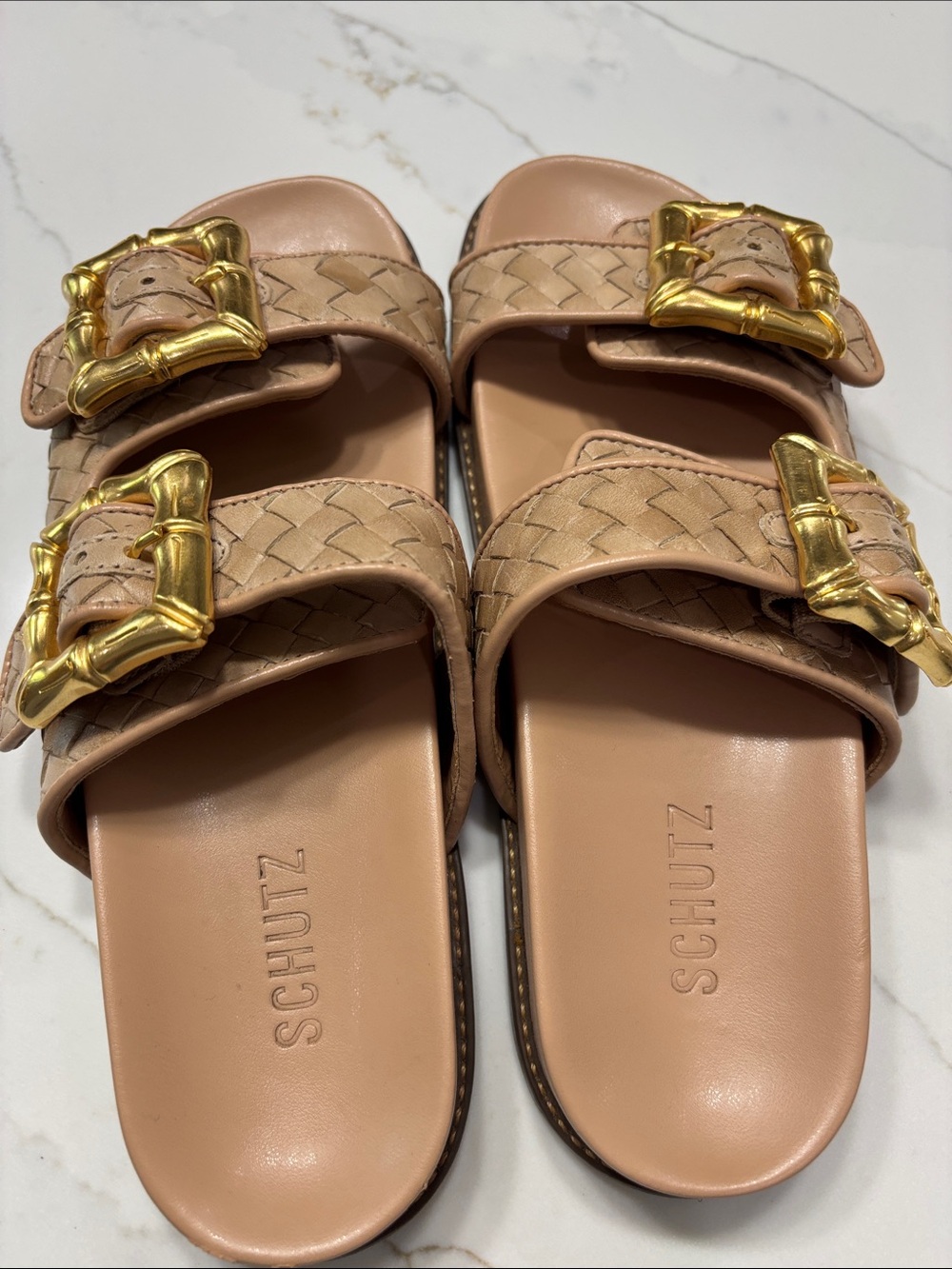 SCHUTZ Beige Woven Double-Buckle Slide Sandals - Picture 6 of 9
